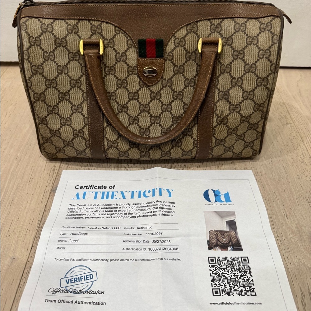 Gucci Brown Beige GG Canvas Satchel with Green-Red Web